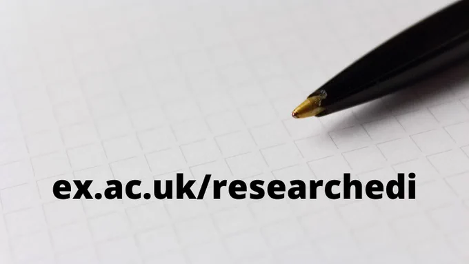 An image of a piece of paper with a black pen coming in from the corner, and the URL ex.ac.uk/researchedi