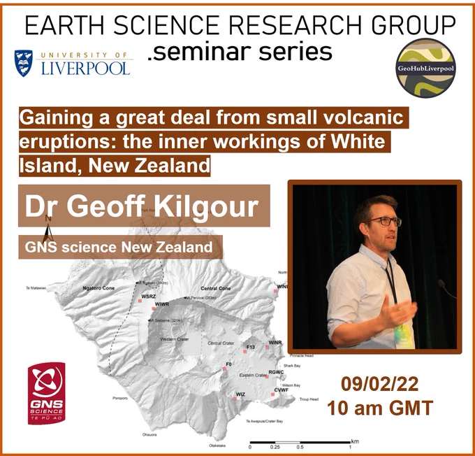 Text says: EARTH SCIENCE RESEARCH GROUP seminar series. Title: Gaining a great deal from small volcanic eruptions: the inner workings of White Island, New Zealand. There is a photo of Geoff giving a talk, over a background map of the Whakaari/White Island volcano.