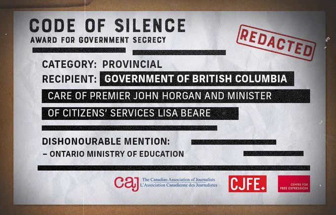 Code of Silence award for Government secrecy. Provincial Category to Government of British Columbia care of Premier Horgan and Minister Lisa Beare. Dishonourable mention, Ontario Ministry of Education.