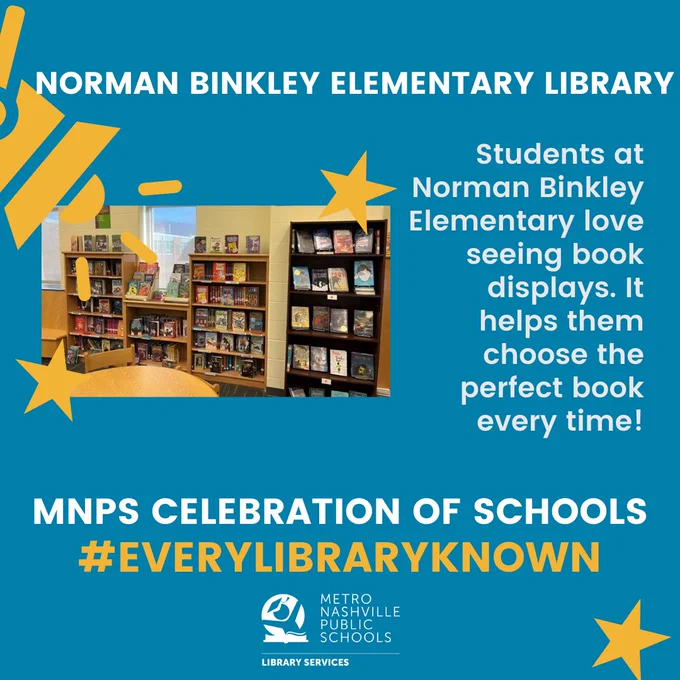 Image of books on shelves in the Norman Binkley Elementary Library.