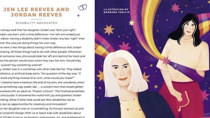 A screenshot of the two pages about Jen and Jordan. It has cropped text titled “Jen Lee Reeves and Jordan Reeves Disability Advocate.” On the right is a colorful drawing of the two.