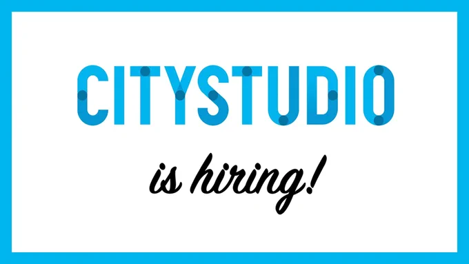 CityStudio logo in a white box with a blue frame. The words "is hiring" underneath the wordmark