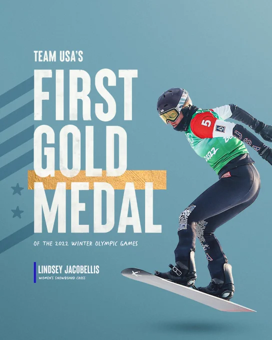 Graphic that reads "Team USA's First Gold Medal of the 2022 Winter Games | Lindsey Jacobellis" 