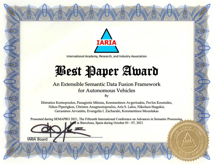 Best paper award for research paper titled: "An Extensible Semantic Data Fusion Framework for Autonomous Vehicles"