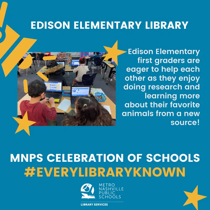 Image of first graders doing research in the library at Edison Elementary.