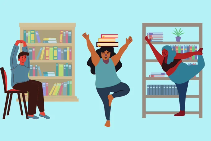 Graphics of three people in yoga poses. 