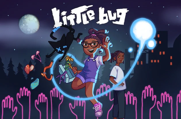 Promo art for Little bug game. A young black girl in short denim overalls, pink sneakers, and white tshirt has black glasses on and her locs tied into a high ponytail. She carries a metal lunchbox with flowers, rocks, and mushrooms flying out. A black cat with glowing blue features and an X for an eye in in the air next to her. A light flies from behind her around and to her upper right casting a glow on her skin. Behind her is a moonlit forest and buildings. Line-art neon pink hands reach out from the bottom of the frame. A black woman, likely the girls mother, stands slightly behind in simple locs, white tshirt, and faded black pants. 