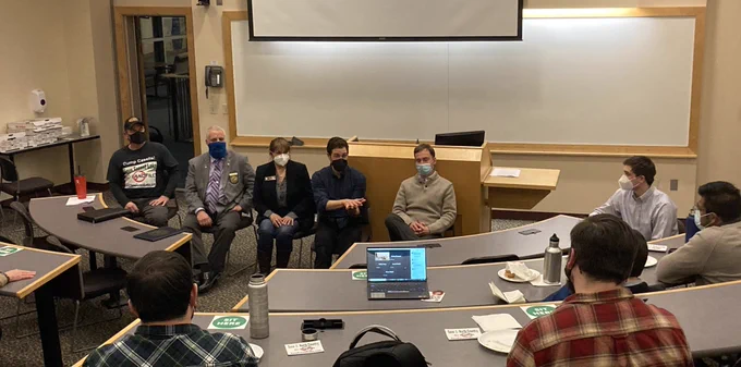 Panelists Jon Swan, Howard Pearl, Kat McGhee, Sam Evans-Brown, and Nick Krakoff with moderator Brandon Latham at UNH law school