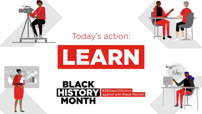 Spot illustrations of: camera person, business person, counsellor and telecommunications.  Words: Today's action Learn Black History Month, #28DaysOfAction against anti-black racism