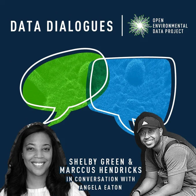 Photos of Marccus Hendricks and Shelby Green with the text “Data Dialogues” and the Open Environmental Data Project Logo. Marccus and Shelby are in conversation with Data Dialogues host, Angela Eaton.