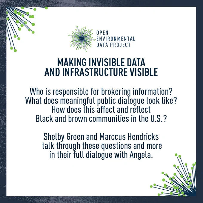 Episode 3. Making invisible data and infrastructure visible. Who is responsible for brokering information? What does meaningful public dialogue look like? How does this affect and reflect Black and brown communities in the U.S.? Shelby Green & Marccus Hendricks talk through these questions and more in their full dialogue with Angela.