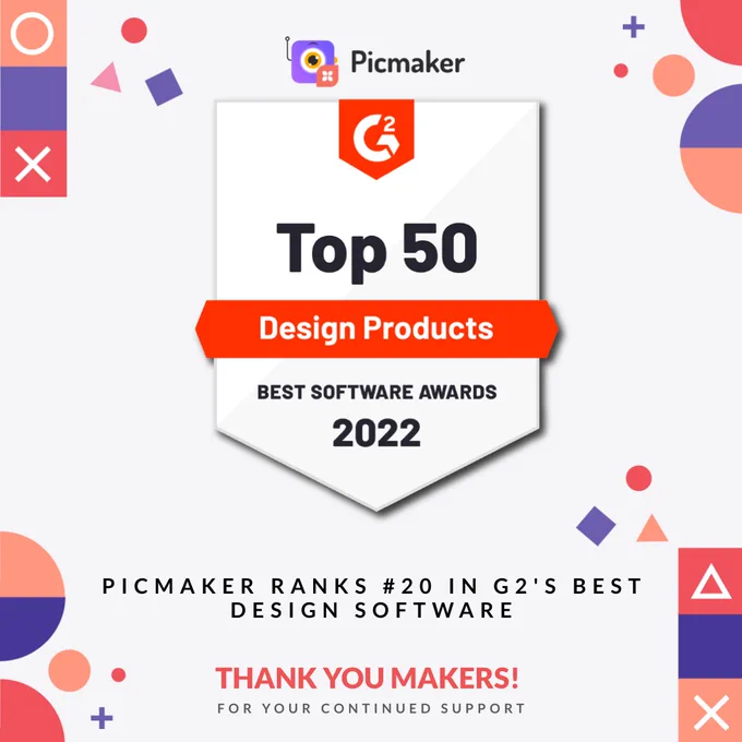 Yay! Yay! Yay!

Today, we're happy, humbled, and delighted to announce that Picmaker ranks #20 in G2's Best Design Software.

We didn't ask for it. We did not yearn for it. So, when we were awarded it, it sure was a surprise!

From taking baby steps in 2021 to being counted amongst the best players in the DIY Design space within a year is humbling.

Thank you, dear users, customers, patrons, and every one of you who has been a part of this journey so far. Your support means a lot to us.

We come to work every day thinking about only one thing - to KEEP YOU HAPPY.

And, we know this is only the start. There's so much more in store for all of us in 2022 and beyond.

Cheers!
.
.
.
#awards2022 #g2 #g2reviews #g2awards #bestdesignsoftware #designthefuture
