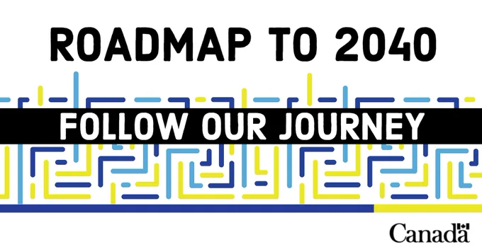 On a white background, the text ‘Roadmap to 2040’ appears in black at the top. Below, the text ‘Follow our journey’ appears on a black line that is placed over a grouping of blue and yellow brackets.