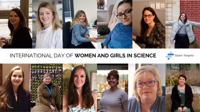 A collage of pictures of twelve women, with text saying: International day of women and girls in science, and the Open Targets logo