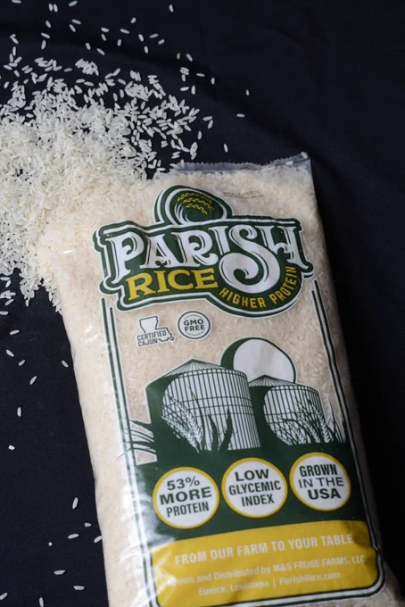 Parish Rice bag with text that says, 'Parish Rice. 53% more protein. Low glycemic index. Grown in the USA.'