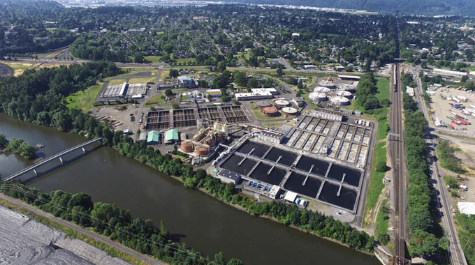 Aerial view of wastewater treatment plant where sewage gets turned into renewable resources
