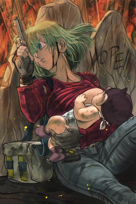Bulma is fighting and protecting against the androids, hiding against a wall as she breastfeeds Trunks as a baby. There's a graffiti mark next to her that says "hope!!" and she also has a baby bag with vegeta's color scheme, looking behind her.