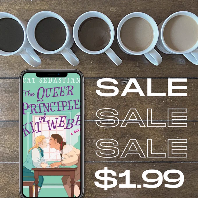 Wood table, line of coffee cups, image of the queer principles of Kit Webb on a phone screen, text reading sale $1.99