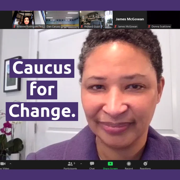 This image is a zoom screenshot of Danielle Allen in speaker view, with Danielle wearing purple and slightly smiling, and a few other zoom participants across the top. Danielle is in an indoor space with a purple orchid and white doors behind her. Next to her, text appears in white font on a purple background that reads "caucus for change."