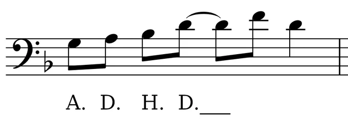 Ausschnitt aus den Noten von YMCA, und zwar exakt der Stelle an der YMCA gesungen wird. Die Buchstaben YMCA sind allerdings durch die Buchstaben ADHD ersetzt.