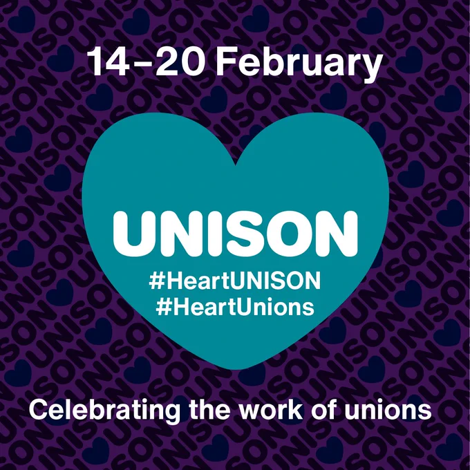 Image of a blue heart with text - unison #heartunison #heartunions. Celebrating the work of unions