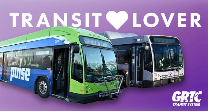 A graphic with a purple background featuring two GRTC transit buses: GRTC Pulse and a fixed route bus. Above the pair of buses the text reads “Transit (heart) Lover” or “Transit Lover.” The GRTC Transit System logo is in the bottom right.