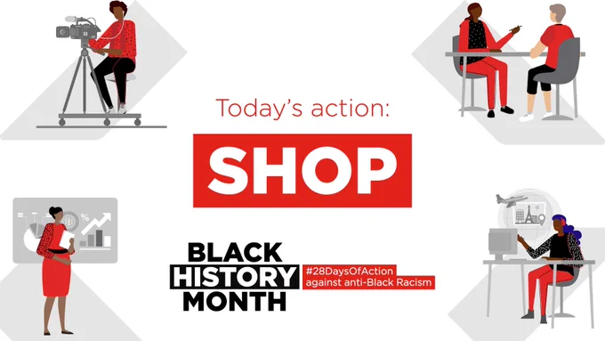 Spot illustrations of: camera person, business person, counsellor and telecommunications.  Words: Today's action Shop Black History Month, #28DaysOfAction against anti-black racism