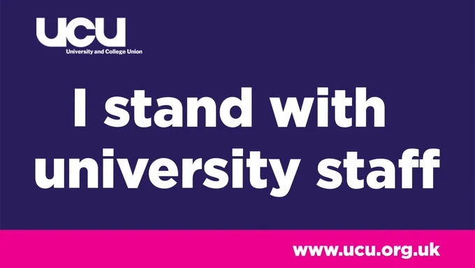 UCU purple and pink graphic that reads:
'I stand with university staff.'