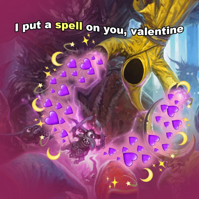 The yellow wizard from Magicka hangs upside down, arms splayed wide open. Two magical beams of heart, moon, and sparkple emojis spill from their hands encapsulating a small goblin. White text reads: "I put a spell on you, valentine"