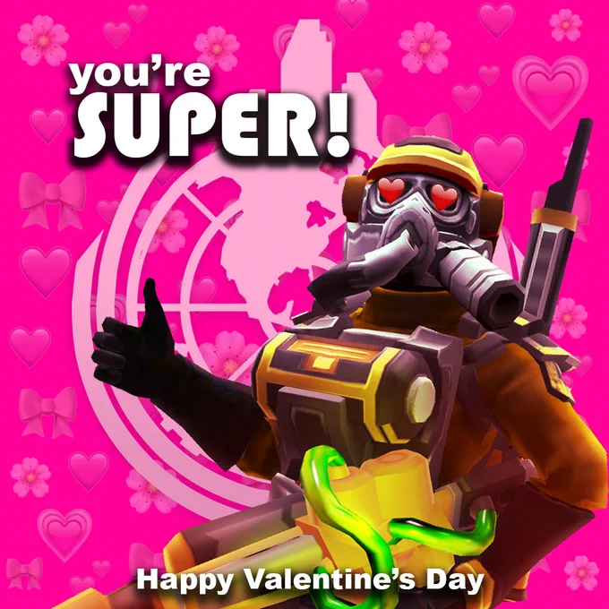 A Helldiver with heart eyes stands before a pink background of heart, bow, and flower emojis and the Super Earth flag. They wield an enthusiastic thumb up. White text reads: "You're super!" and "Happy Valentine's Day".