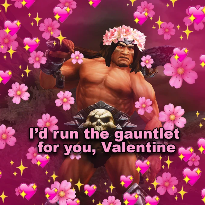 The Barbarian from Gauntles wields a beautiful flower crown - he stands amidst a shower of emojis: sparkly hearts, pink flowers, and sparkles. Pink text reads: "I'd run the gauntlet for you, Valentine"