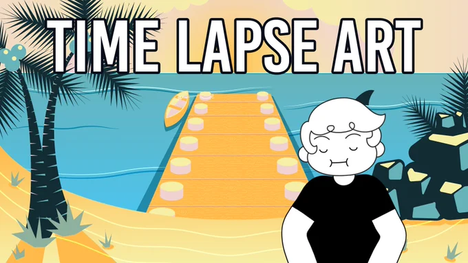 thumbnail for video. Text: Time lapse art. Image of the finished beach scene with a relaxed looking Dungeon on the right side.