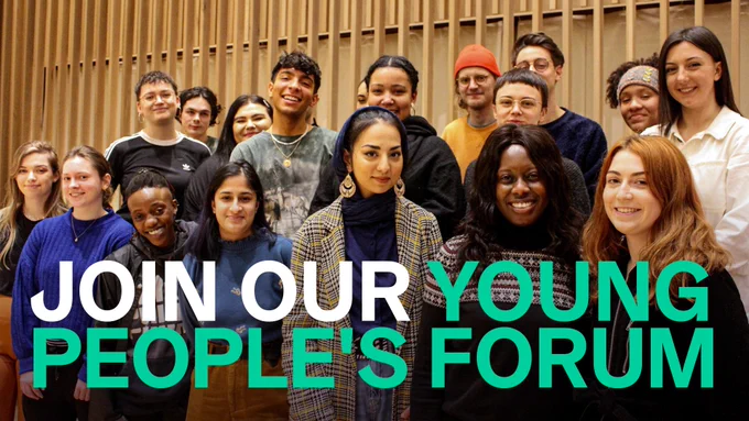 A group photo of MIF's Young People's Forum, diverse in terms of gender and ethnicity. They are smiling widely into the camera. Text over image: JOIN OUR YOUNG PEOPLE'S FORUM