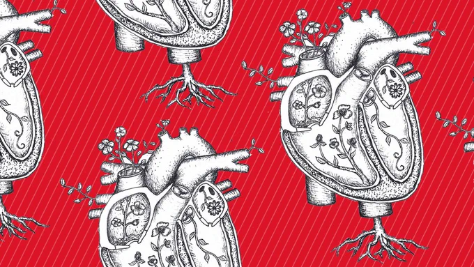 Repeated images of a heart with flowers running through it, on a red background.