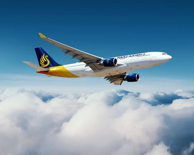 Rendering of Hans Airways A330 in-flight, with blue, white and yellow livery.