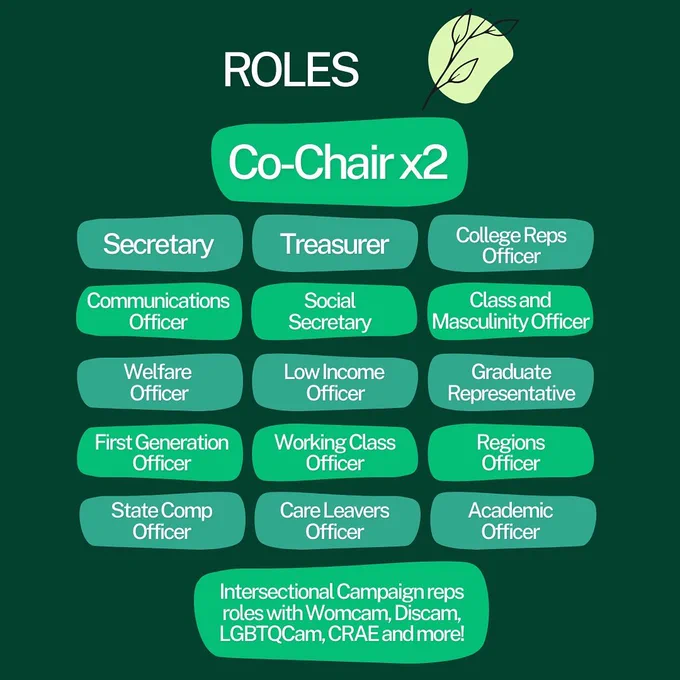 Roles available include: secretary, treasurer, college rep officer, communications officer, social secretary, class and masculinity officer, welfare officer, low income officer, graduate representative, first generation officer, working-class officer, regions officer, state comp officer, care leavers officer, academic officer, and further intersectional campaign representative roles with the women’s campaign, disabilities campaign, LGBTQ campaign, racial awareness and equality campaign and more!