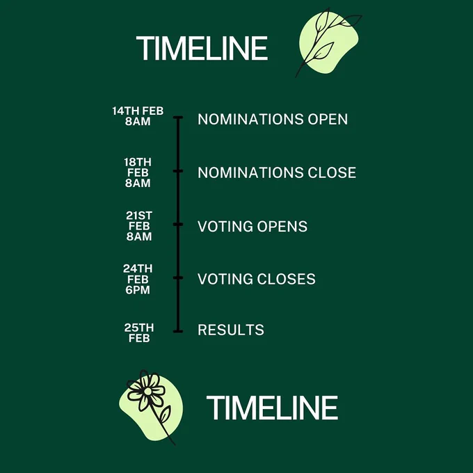 Timeline: nominations open on the 14th February, nominations close on the 18th February at 8am. On the 21st February at 8am voting opens and on the 24th February at 6pm voting closes. Results will be available on the 25th of February!