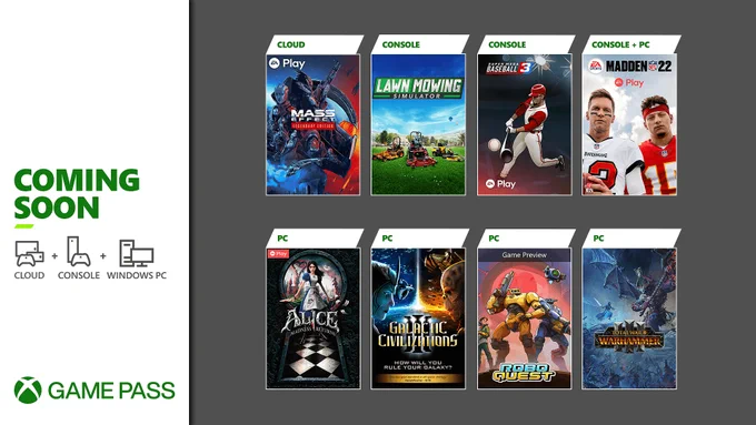Mass Effect: Legendary Edition, Lawn Mowing Simulator, Super Mega Baseball 3, Madden 22, Alice: Darkness Returns, Galactic Civilizations III, Robo Quest (Game Preview), and Total War: WARHAMMER III are coming soon to Xbox Game Pass.