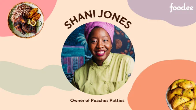 Picture of shani jones with her food (jamaican jerk chicken with plantain and rice, jamaican patties). 