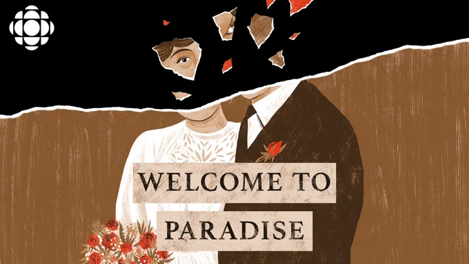 A stylized illustration of a real wedding photo featuring Anna Maria Tremonti and her ex-husband. The picture is torn above the chin and pieces of both faces, the largest of which is centered on Anna Maria's eye, float away into a dark void. The words "Welcome To Paradise" reference a real sign the newlyweds posed with. 