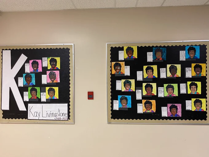 Bulletin board with multiple images of Kay Livingstone and quotes.