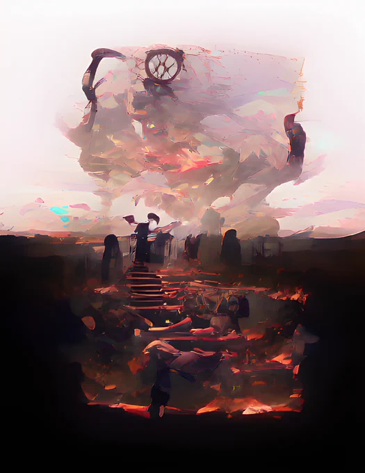 A dark landscape with orange detail and an ominous shape appearing in the sky.