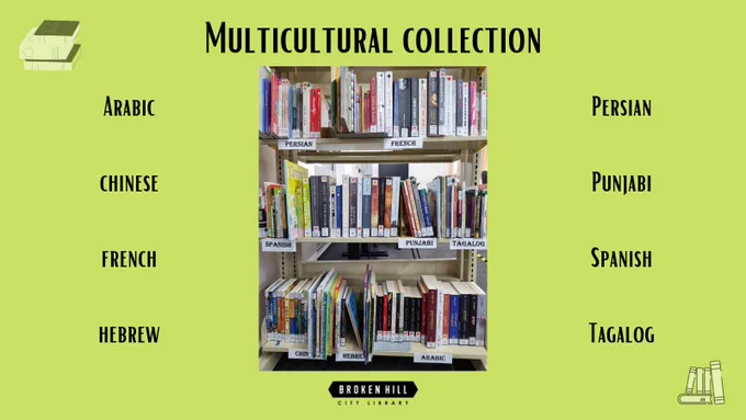 Multicultural display at library. Languages include: 
Arabic
Chinese
French
Hebrew
Persia
Punjabi
Spanish
Tagalog