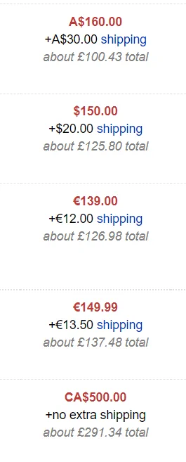 A price listing showing multiple price all above $150