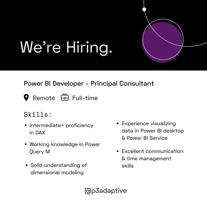 P3 Adaptive Power BI Developer required skills such as DAX, Power Query M, dimensional data modeling, data visualization, and time management.