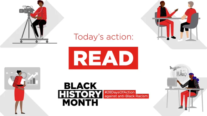 Spot illustrations of: camera person, business person, counsellor and telecommunications.  Words: Today's action Read Black History Month, #28DaysOfAction against anti-black racism