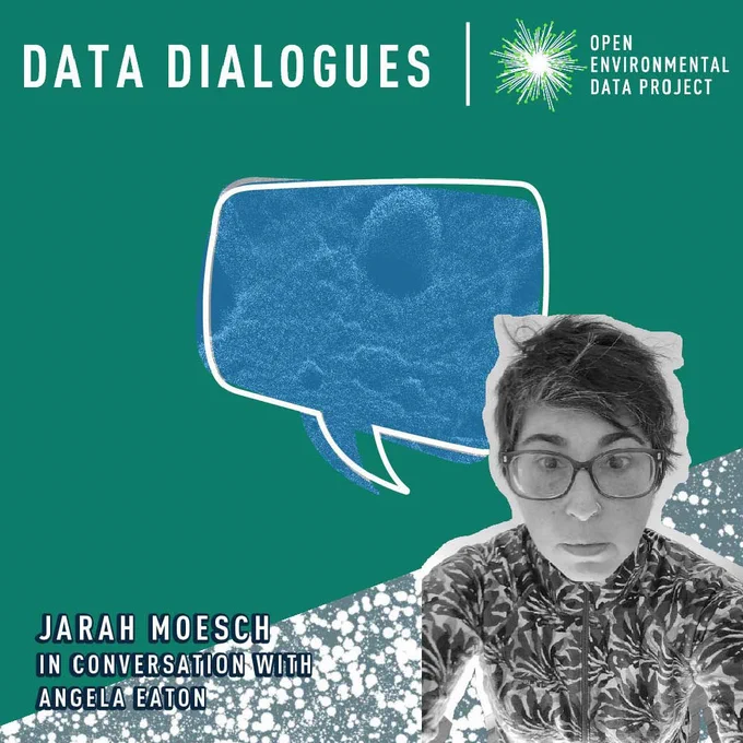 Photo of Dr. Jarah Moesch with the words “Jarah Moesch in conversation with Angela Eaton.” Data Dialogues and the starburst logo for Open Environmental Data Project are at the top of the page. 