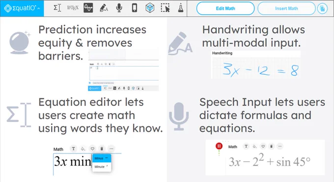 Image of EquatIO toolbar that highlights how users can create accessible math using the equation editor, speech input tool and handwriting tool. 