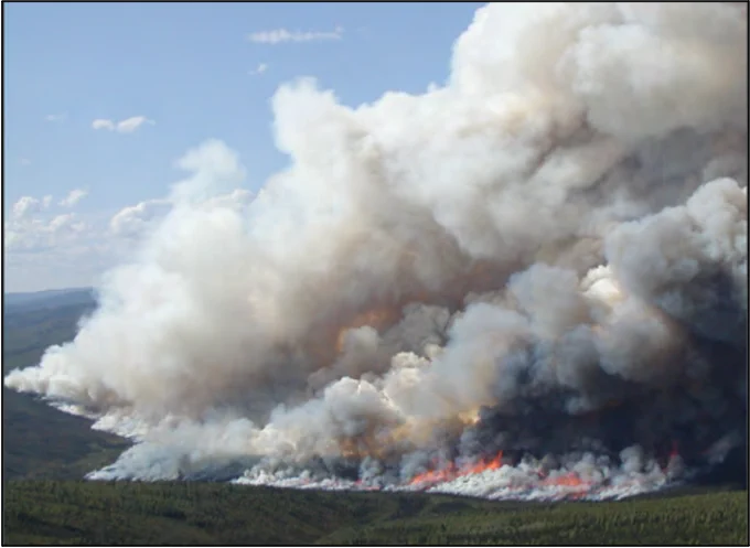 Image of a wildfire in permafrost ecosystems of Alaska with flames and a large smoke plume.