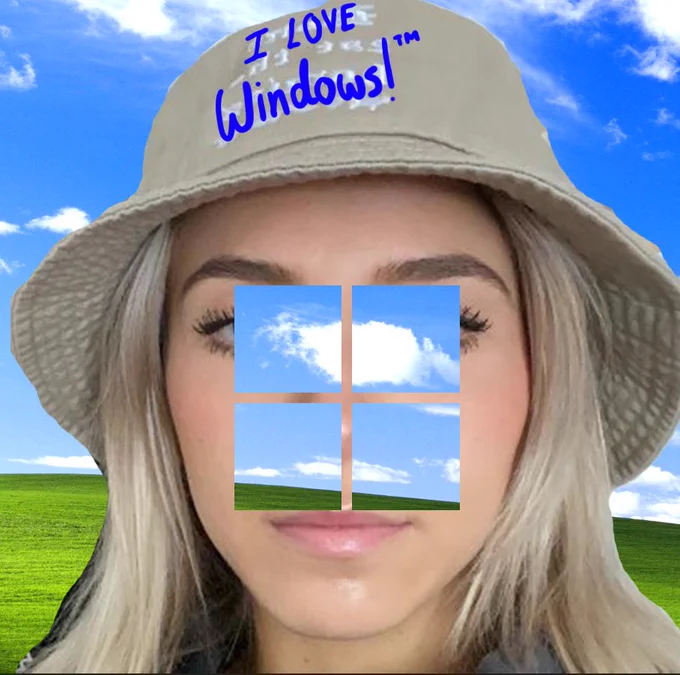 a girl in a bucket hat with the windows logo on her face
